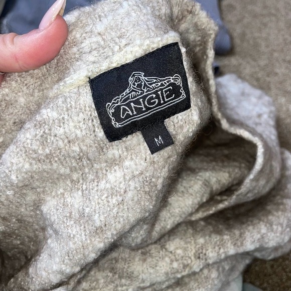 Sweater Wool Alpaca blend sweater Angie V-neck balloon sleeve tan/white SZ M - Picture 7 of 11